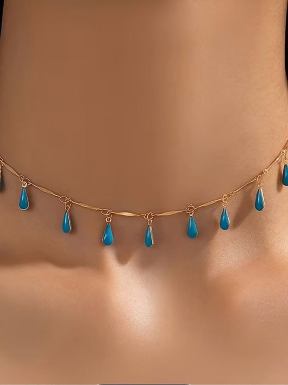 Gold Tone Teardrop Blue Bead Necklace